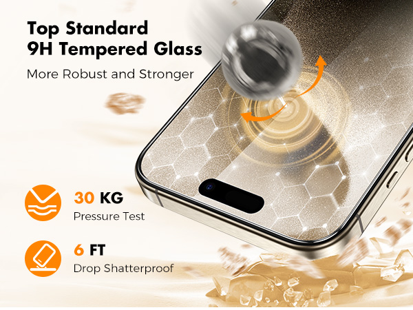 Tempered glass screen protector demonstration showing 9H hardness rating, 30KG pressure test capability, and 6-foot drop protection.