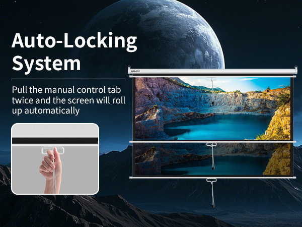 Auto-locking projection screen system with manual control tab. Features automatic roll-up functionality. Demonstrates screen in use with scenic landscape image projected.