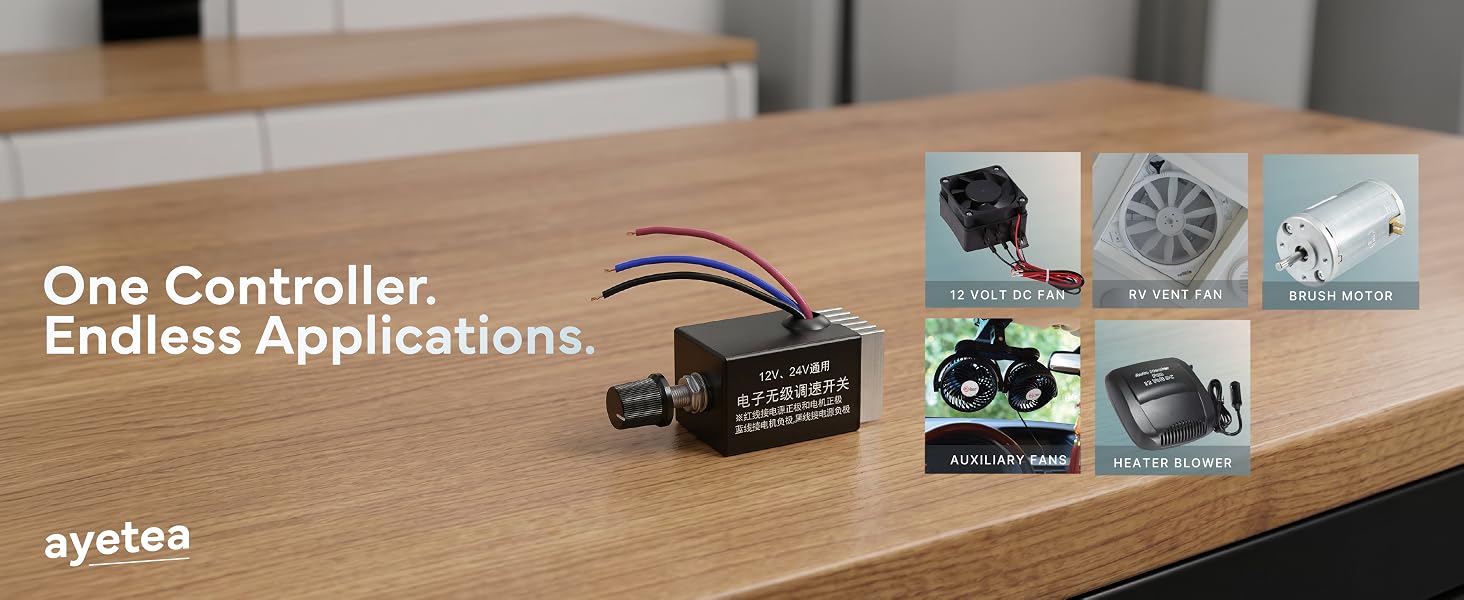 "One Controller. Endless Applications." compatibility with various DC fans and motors.
