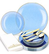BONSINY Blue Plastic Dinnnerware Set for 25 Guests - Clear Blue Plastic Plates Disposable with Go...