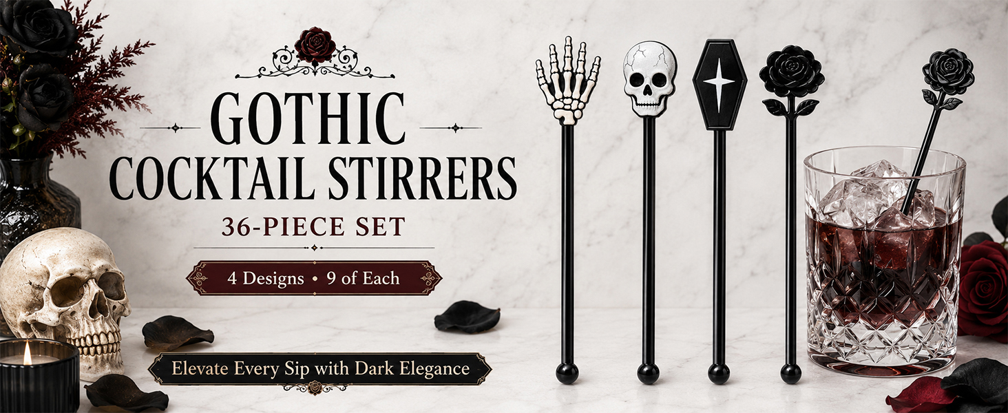 36-Piece Halloween Cocktail Stirrers, 7.1 in, 4 Gothic Designs for cocktails,punch and party bars