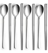 Tiokin Spoon and Chopsticks Set, 4 Pair Stainless Steel Metal Chopsticks Spoon Set,4 Set Korean C...