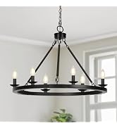 Black Farmhouse Chandelier, 6-Light Wagon Wheel Pendant Light | Dining Room Light Fixture with Ad...