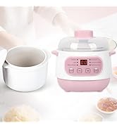 Pink 1L Ceramic Slow Cooker with Steamer Basket, 200W Mini Electric Stew Pot, 24-Hour Delayed Sta...