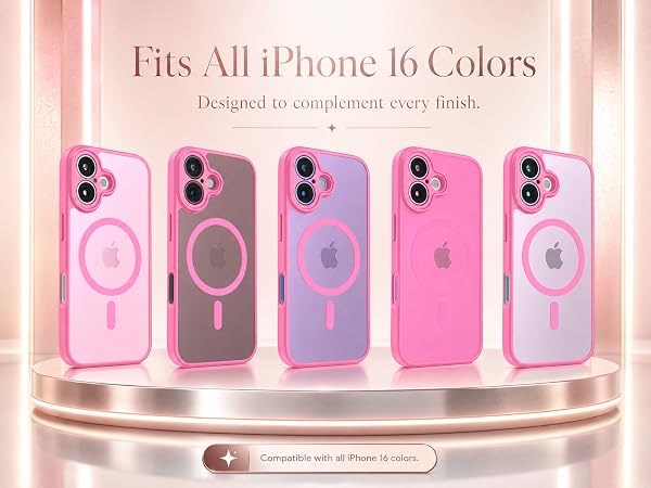 Text reads 'Fits All iPhone 16 Colors'. Five iPhone 16 cases displayed in gradient colors: pink, purple, and gradient variations with circular design elements.