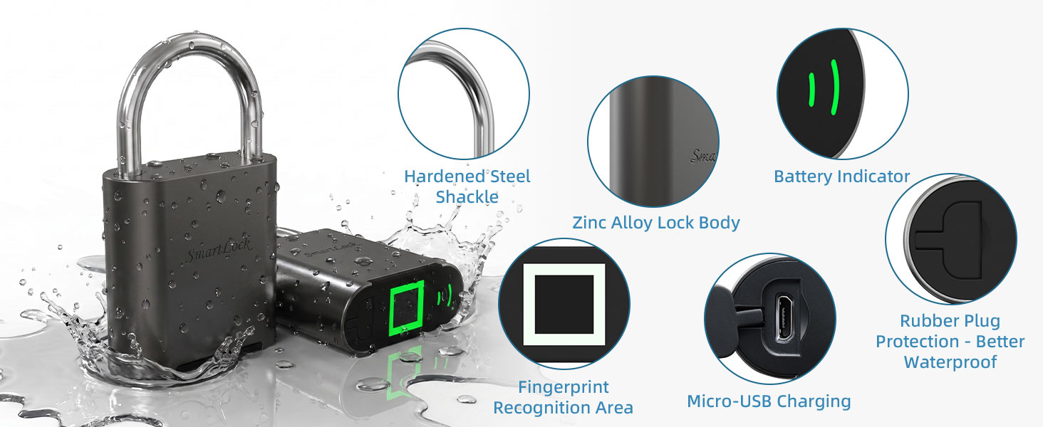 Zinc alloy smart fingerprint padlock, IP waterproof, hardened steel shackle