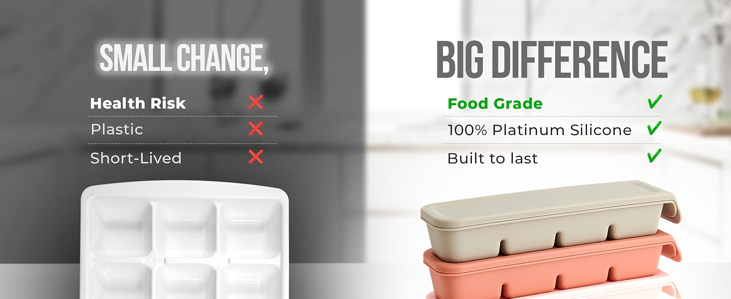 Comparison of plastic tray vs Firgi platinum silicone baby food freezer tray