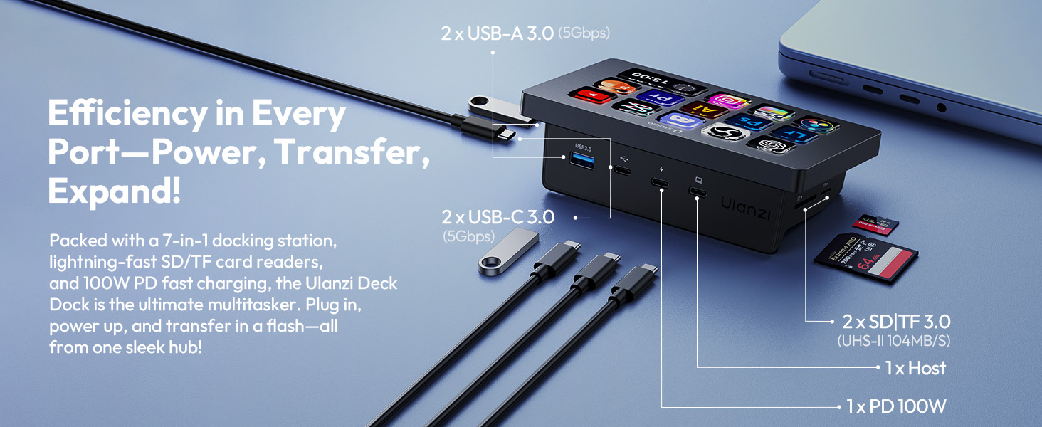 Text reads 'Efficiency in Every Port—Power, Transfer, Expand'. Technical illustration of a black electronic device with multiple connection ports.