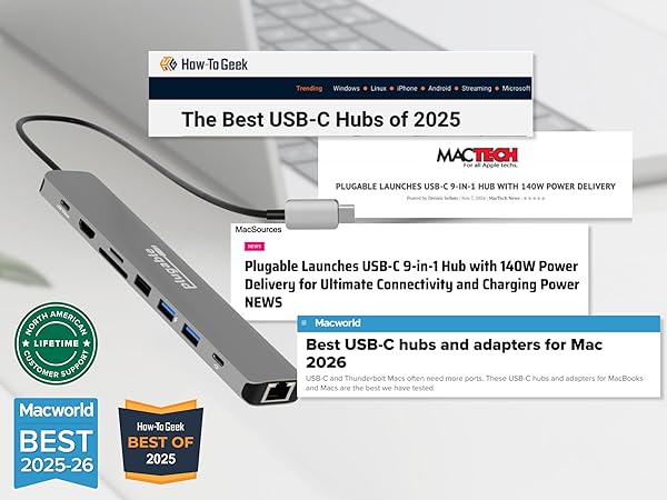 Plugable macbook usb hub with awards and visible USB HDMI card and Ethernet ports