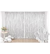 FIESTA CART 2 Pack Silver Metallic Foil Fringe Curtain Backdrop Streamers 3.2ft x 6.4ft. Party De...
