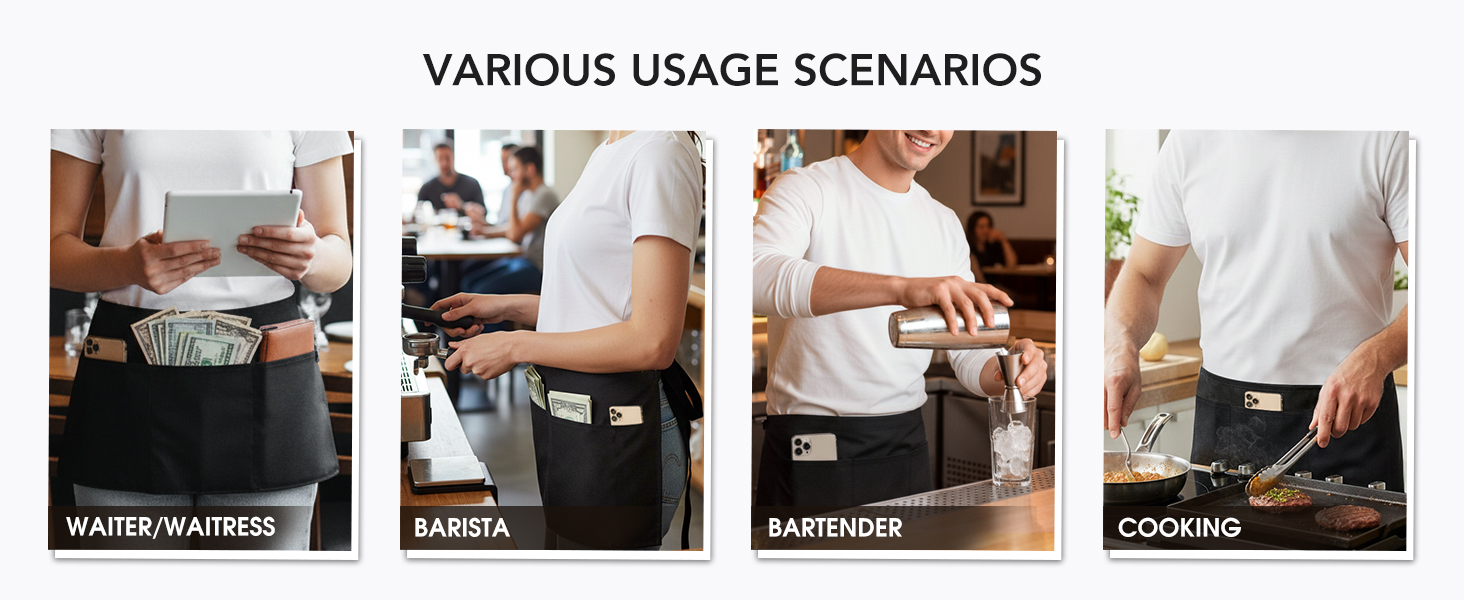 Waitress Apron With 3 Pockets-Black Server Aprons-Waiter Short Half Waist Servers Apron