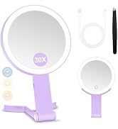 MIYADIVA Travel Makeup Mirror with Lights, Height Adjustable 30X/1X Double-Sided Magnifying Mirro...