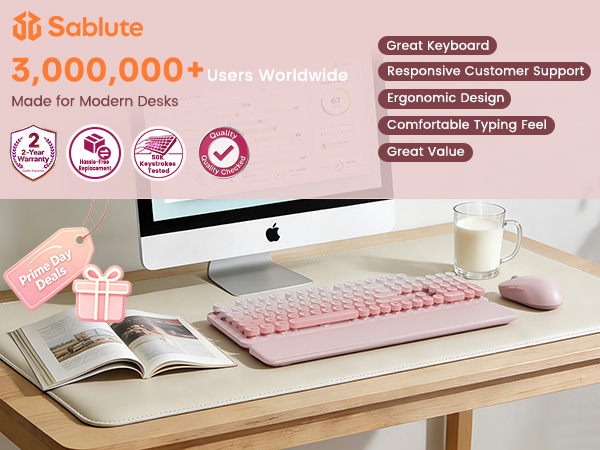 Pink retro wireless keyboard and mouse on modern desk with Prime Day deals.
