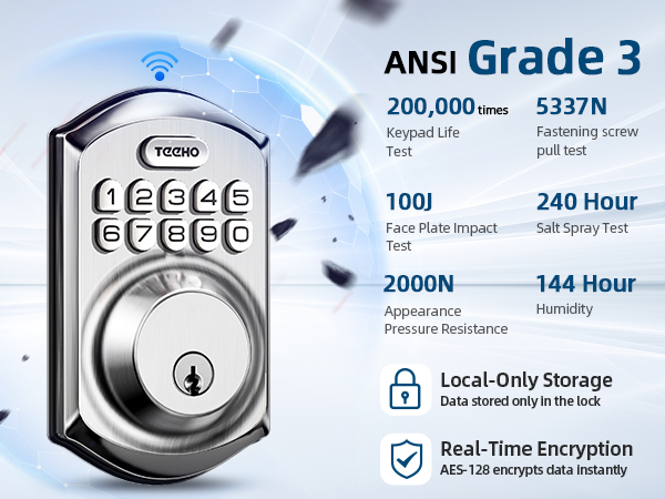 Certified to ANSI Grade 3, the lock meets safety performance standards for reliable home security