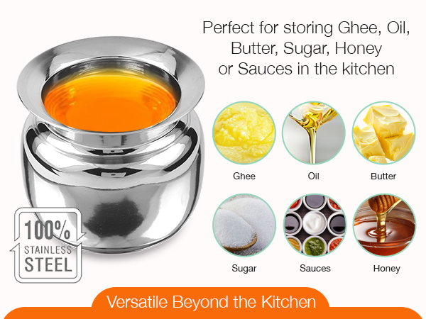 stainless steel ghee container ghee storage container salt jar with spoon ghee pot with spoon