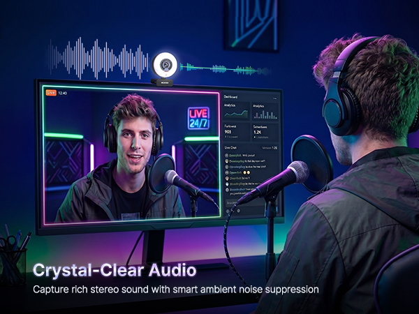 Streamer: High-quality live stream using dual noise-canceling mics.