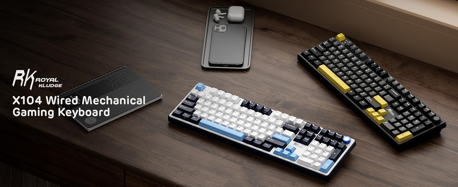 RK ROYAL KLUDGE X104 keyboard wired 104-key layout for gaming and work, keeping every key ready