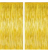 2 Pack Gold Tinsel Backdrop, 3.28 FT x 7.05 FT Metallic Fringe Curtain, Gold Color Graduation Bac...
