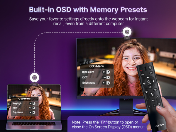 Remote opens OSD menu; settings saved & recalled across devices.