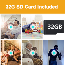 32GB SD card product advertisement showing grid of six preview images with play button overlays, featuring various lifestyle scenes.