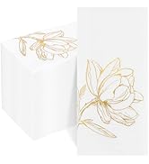 Joyido 50 Pack Gold Magnolia Napkins - Gold Floral Disposable Napkins - Cloth-Like Feel Dinner Pa...