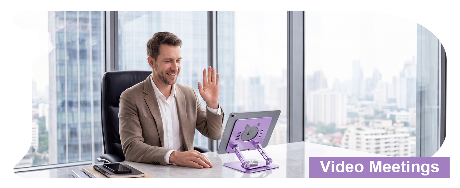 Professional using rotating tablet desk stand for Zoom, remote work and online classes daily