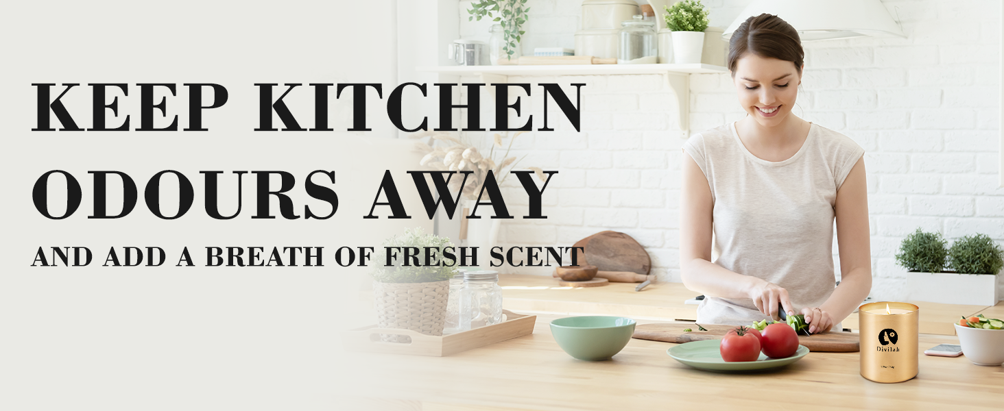 Kitchen scene with person preparing food on countertop. Text overlay reads 'KEEP KITCHEN ODOURS AWAY and add a breath of fresh scent'.