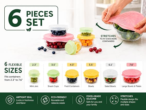 Set of six silicone stretch lid sizes fitting jars, bowls, containers and plates.