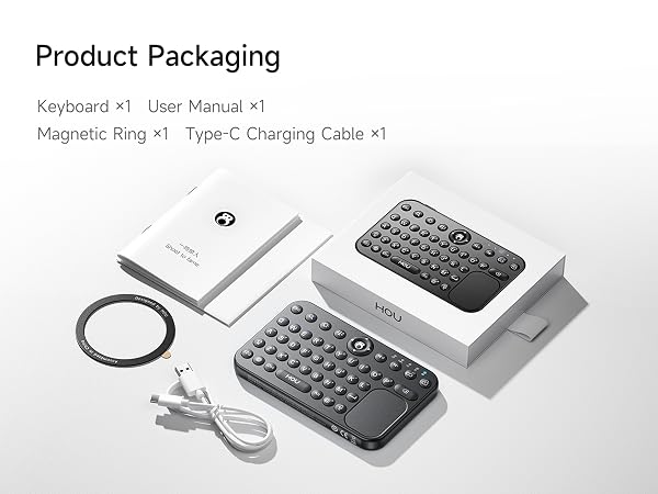 Packing list showing keyboard, manual, magnetic ring and charging cable