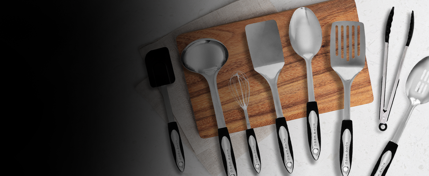 highlighting the different nonstick stainless steel cooking utensils set