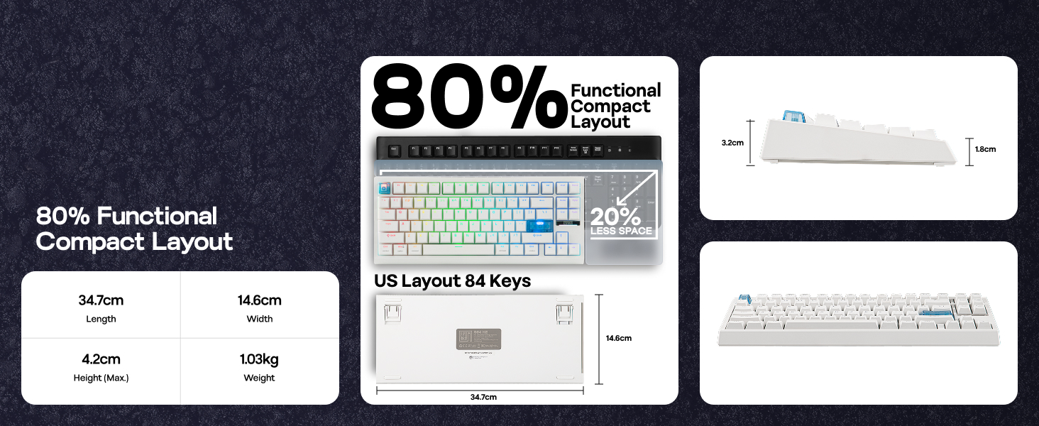 Text reads '80% Functional Compact Layout'. Multiple technical diagrams showing keyboard layout specifications with measurement details and key placements.