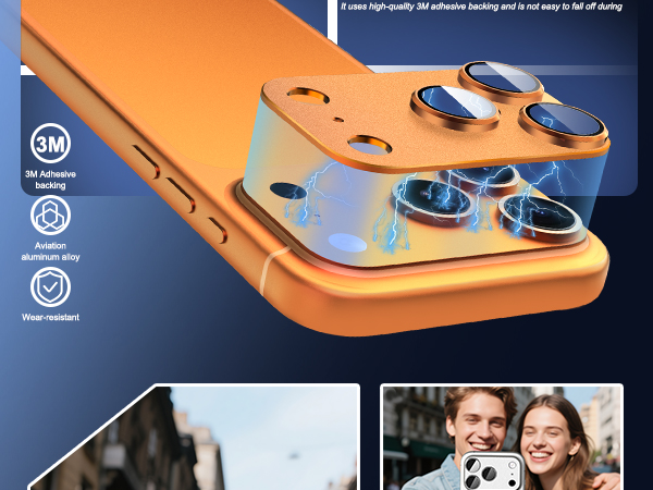 Orange smartphone case with camera lens protection features shown in multiple angles against blue background. Icons indicate protective features.
