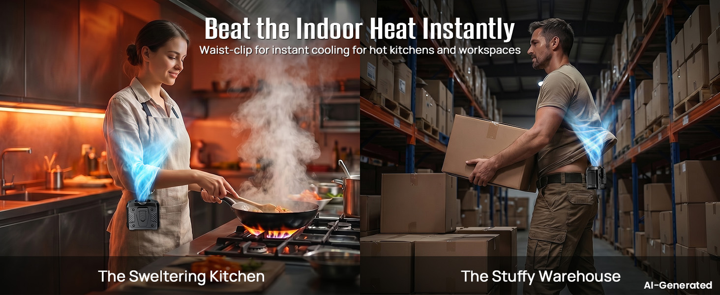 Waist fan gives instant cooling in hot kitchens, warehouses, and indoor workspaces
