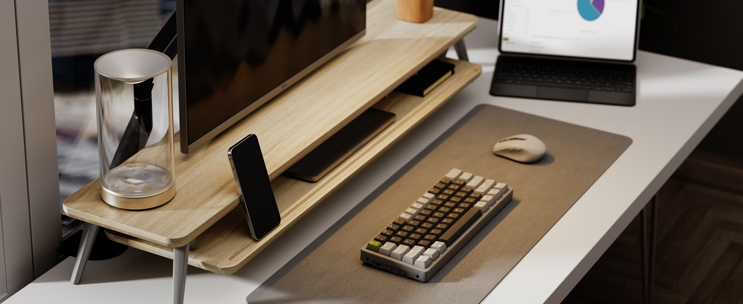 Wooden desk organizer with raised monitor stand, phone slot, and keyboard tray. Sleek design for modern office setup.