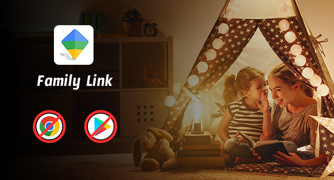 Text reads 'Family Link'. Multiple screenshots showing interface elements of an app or software program with a warm-toned background.