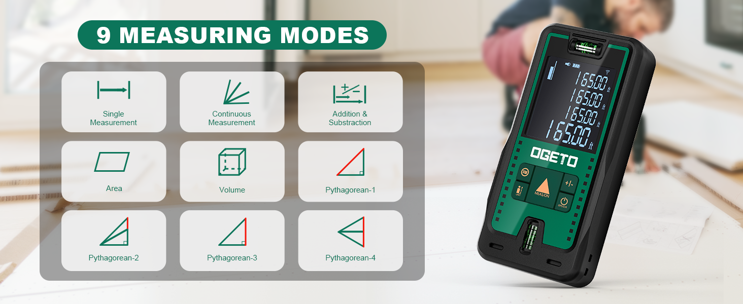 Text reads '9 MEASURING MODES'. Digital laser measuring device with green circuit board visible, displayed alongside mode icons showing distance, area, and volume measurement functions.