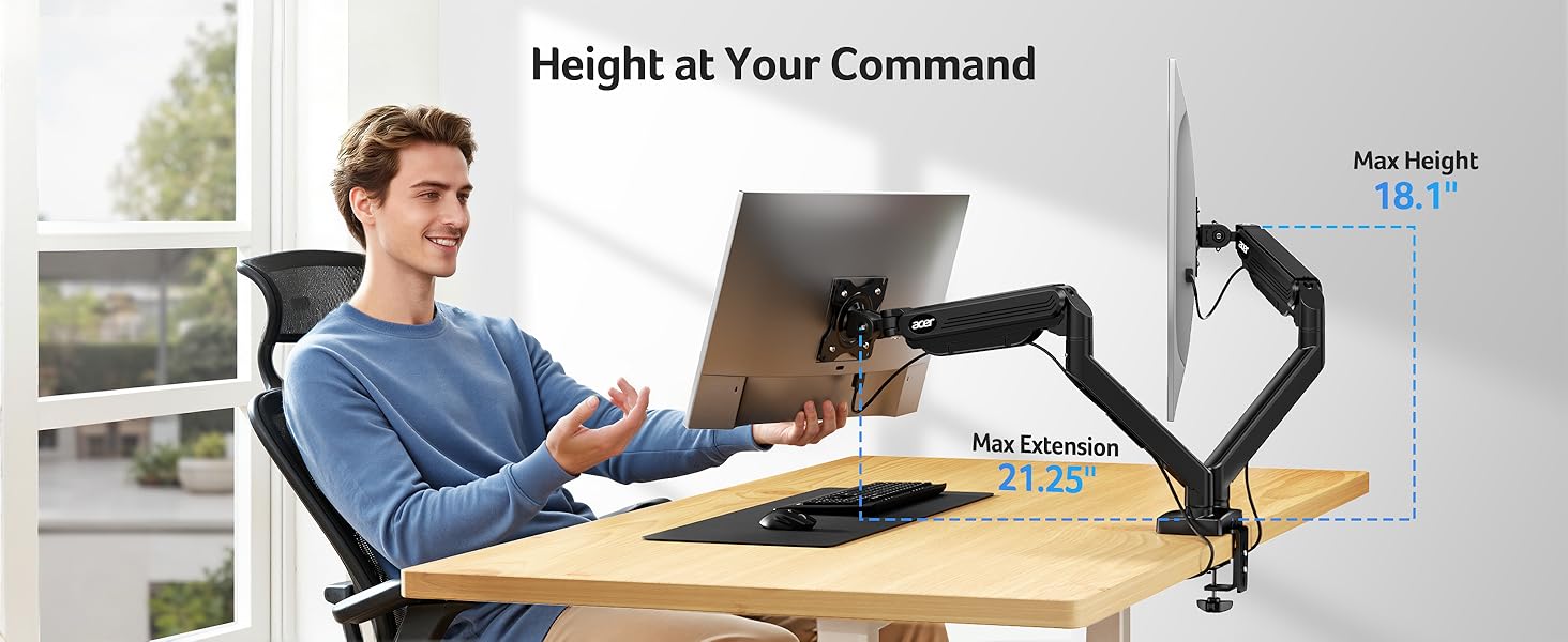 Text reads 'Height at Your Command'. Images showing adjustable desk or table mechanism with height adjustment capabilities in office setting.