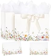 Crisky 2 Pack Wildflower Gift Bag with Tissue Paper and Cards for Wedding, Bridal Shower, Engagem...