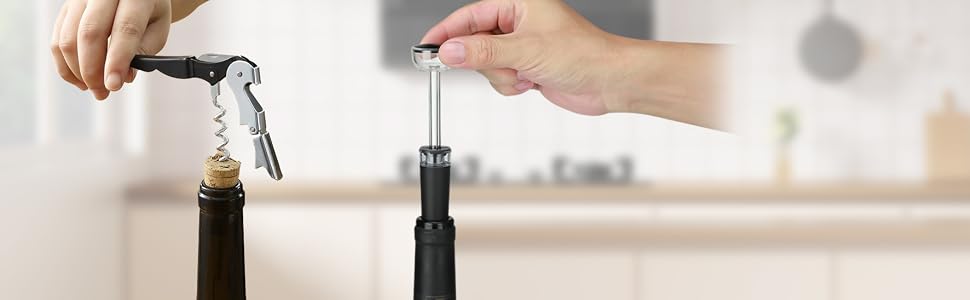 Two hands demonstrating wine bottle openers: one using a corkscrew with lever, the other inserting a sleek, cylindrical opener into a bottle cork.