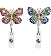 2Pcs Butterfly Rhinestones Retractable Badge Reel,Bling Diamond Badge Holder Reels with Swivel Al...