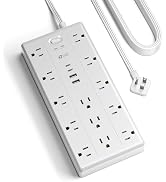 10Ft Extension Cord with Multiple Outlets, Flat Plug Power Strip with 2100J Surge Protector, 13 O...