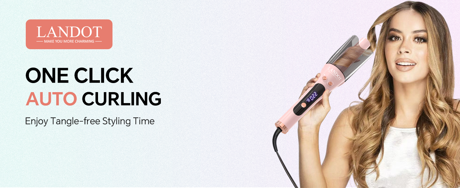 LANDOT Automatic Rotating Curling Iron in Pink - Perfect Self Curling Iron for Beginners