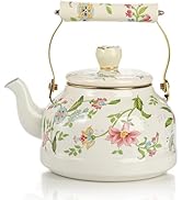 Jucoan 2.6 Quart Vintage Enamel Tea Kettle, Green Floral Enamel on Steel Stovetop Water Kettle Te...