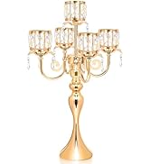 Kehail Gold 5 Arm Pendant Square Crystal Table Decor 22 inch Candle Holder, Classic and Elegant T...