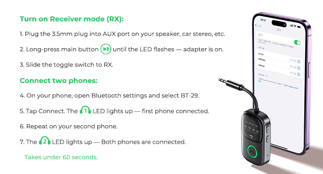 Bluetooth receiver user instructions: how to connect two sources