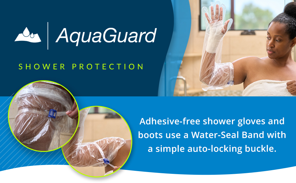 Adhesive-free shower gloves and boots use a Water-Seal Band with a simple auto-locking buckle.