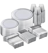 N9R 600PCS Silver Disposable Plastic Plates, Silver Plastic Dinnerware Set Includes 100 Dinner Pl...