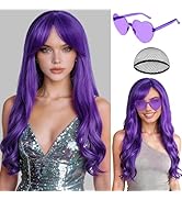 PLULON Dark Purple Long Curly Wigs with Heart Sunglasses for Women, Colored Curly Wavy Wig 28 Inc...