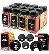 EDELHAUS Large Glass Spice Jars with Label and Black Rotating Lids (12 x 6.7 fl oz) Spice Contain...