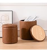 Round Ottoman with Storage Set of 2, 12.6"W x 14.17"H & 14.76"W x 17.32"H Faux Leather Button Tuf...